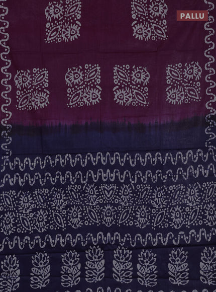 Batik cotton saree deep wine shade and navy blue with batik butta prints and batik printed border