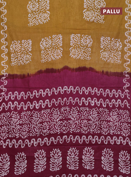 Batik cotton saree mustard yellow and magenta pink with batik butta prints and batik printed border