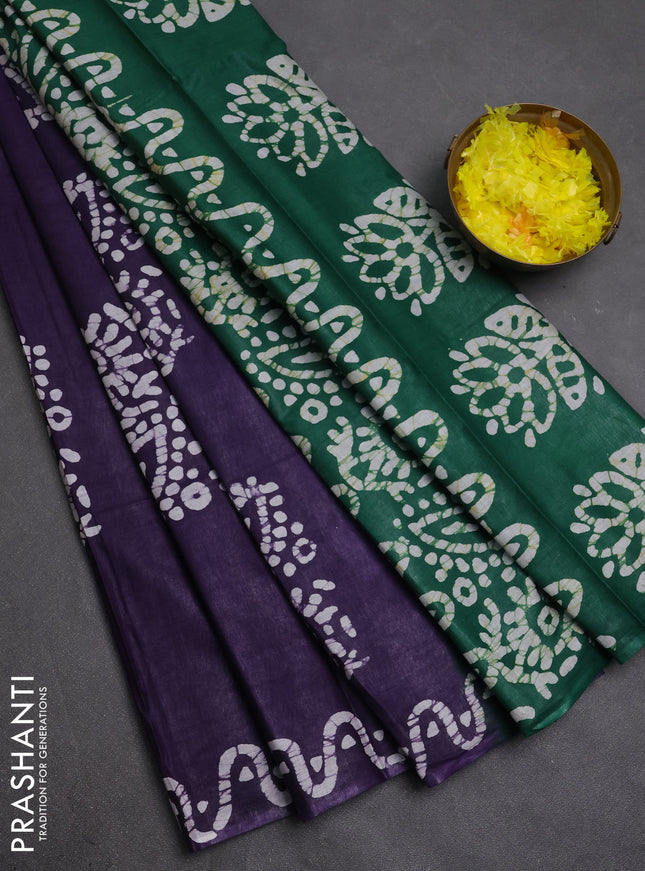 Batik cotton saree violet and green with batik butta prints and batik printed border