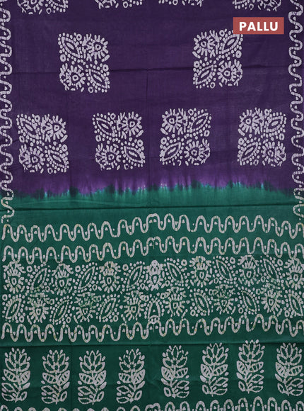 Batik cotton saree violet and green with batik butta prints and batik printed border