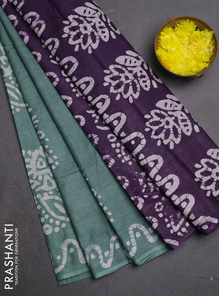 Batik cotton saree greyish green with batik butta prints and batik printed border