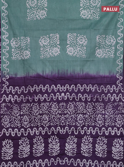 Batik cotton saree greyish green with batik butta prints and batik printed border