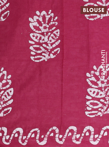 Batik cotton saree mustard green and magenta pink with batik butta prints and batik printed border