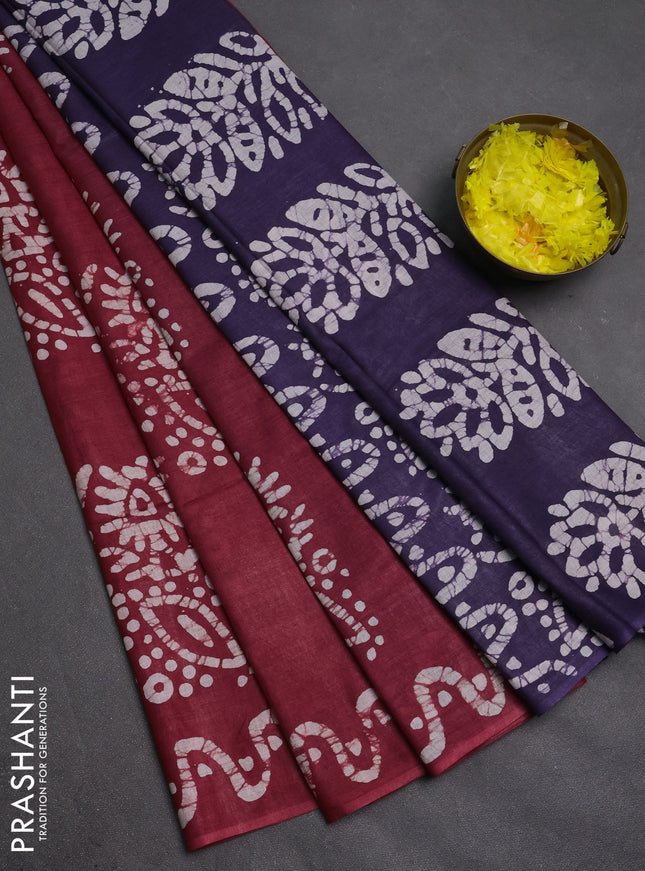 Batik cotton saree pastel maroon and violet with batik butta prints and batik printed border