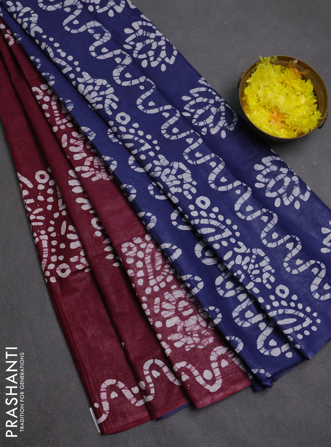 Batik cotton saree wine shade and navy blue with batik butta prints and batik printed border