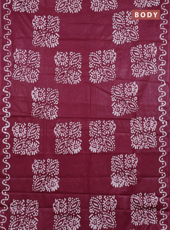 Batik cotton saree wine shade and navy blue with batik butta prints and batik printed border