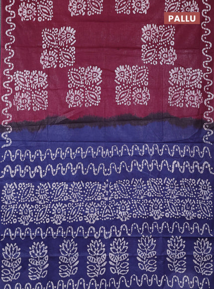 Batik cotton saree wine shade and navy blue with batik butta prints and batik printed border