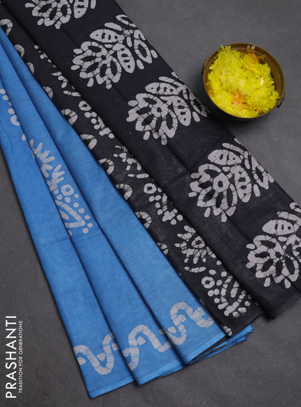 Batik cotton saree blue and black with batik butta prints and batik printed border