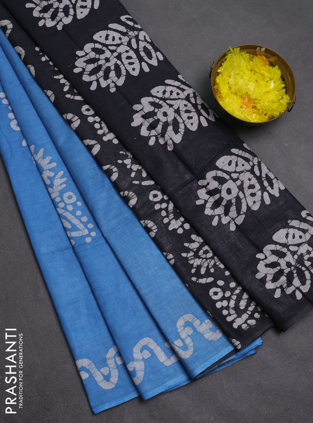 Batik cotton saree blue and black with batik butta prints and batik printed border