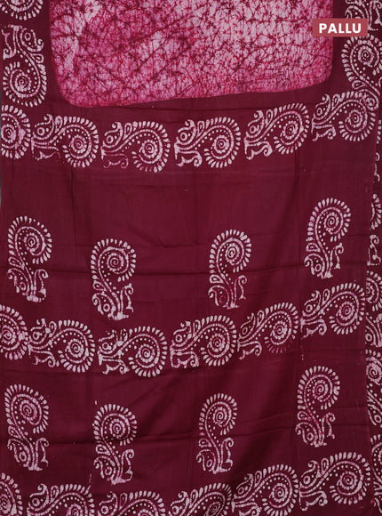 Batik cotton saree wine shade with allover prints and batik printed border