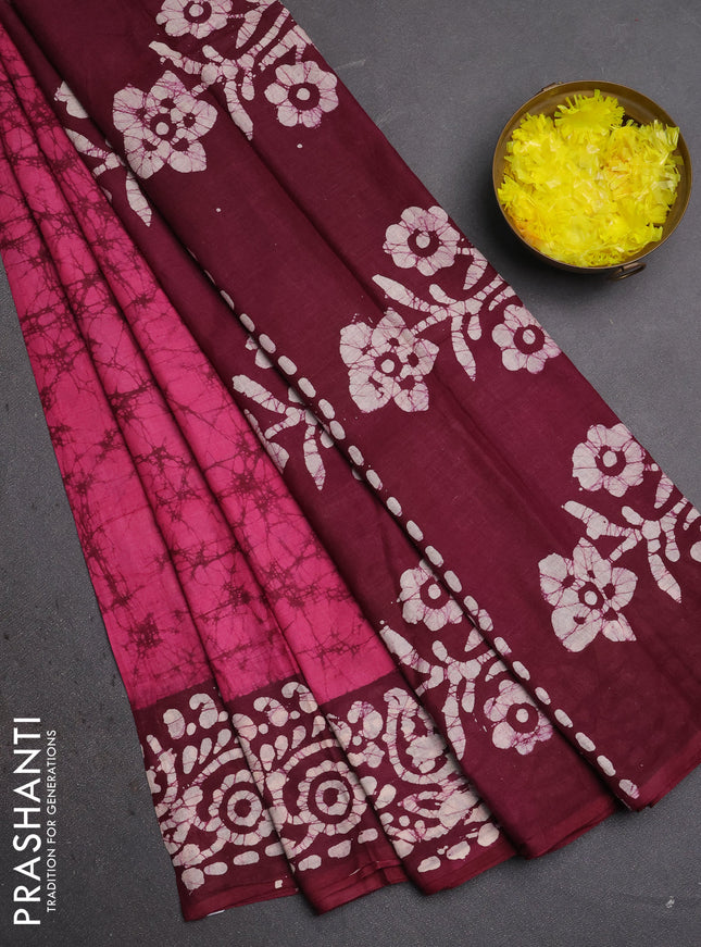 Batik cotton saree pink and wine shade with allover prints and batik printed border