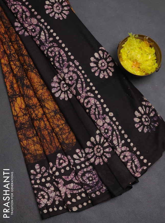 Batik cotton saree dark mustard and deep wine with allover prints and batik printed border
