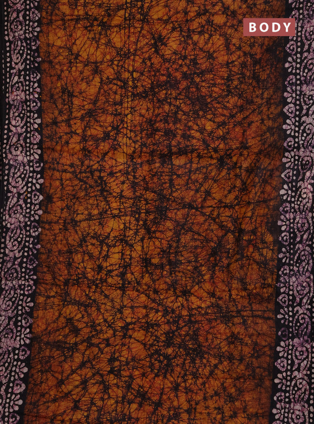 Batik cotton saree dark mustard and deep wine with allover prints and batik printed border
