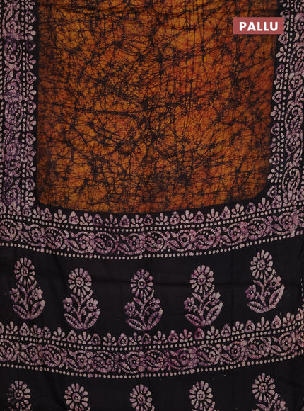 Batik cotton saree dark mustard and deep wine with allover prints and batik printed border