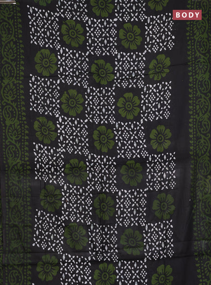 Batik cotton saree olive green with allover prints and batik printed border