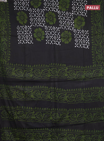 Batik cotton saree olive green with allover prints and batik printed border
