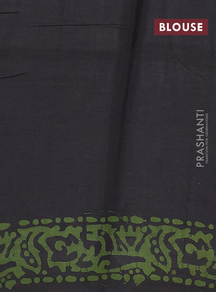 Batik cotton saree olive green with allover prints and batik printed border
