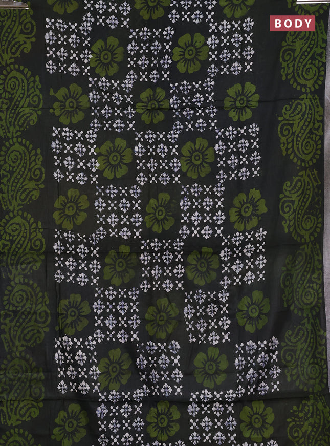 Batik cotton saree olive green with allover prints and batik printed border