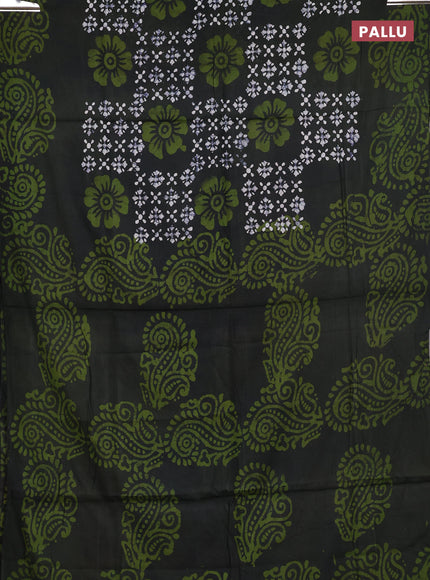 Batik cotton saree olive green with allover prints and batik printed border