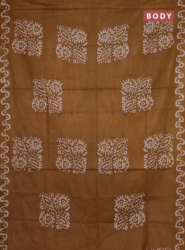 Batik cotton saree mustard green and magenta pink with allover prints and batik printed border
