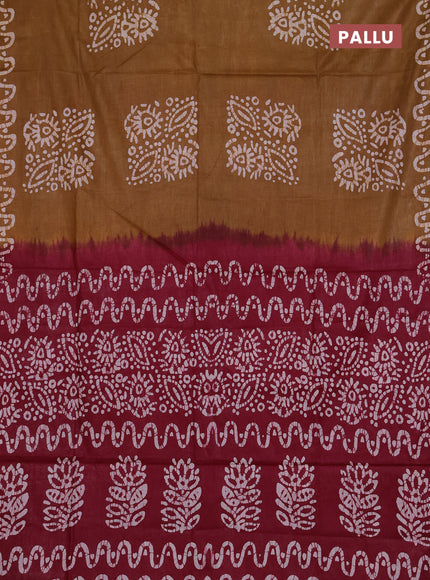 Batik cotton saree mustard green and magenta pink with allover prints and batik printed border