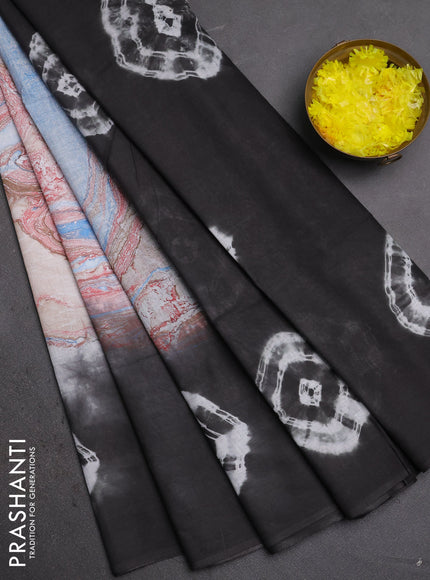 Batik cotton saree multi colour and black with allover prints and batik printed border