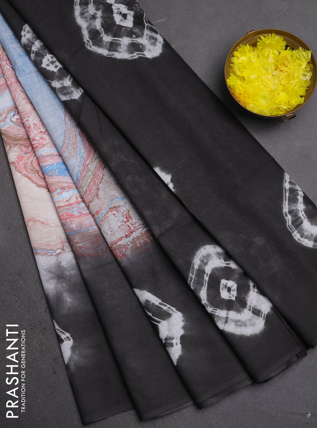 Batik cotton saree multi colour and black with allover prints and batik printed border