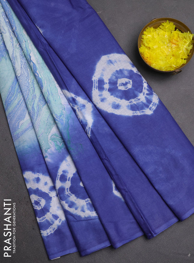 Batik cotton saree multi colour and blue with allover prints and batik printed border