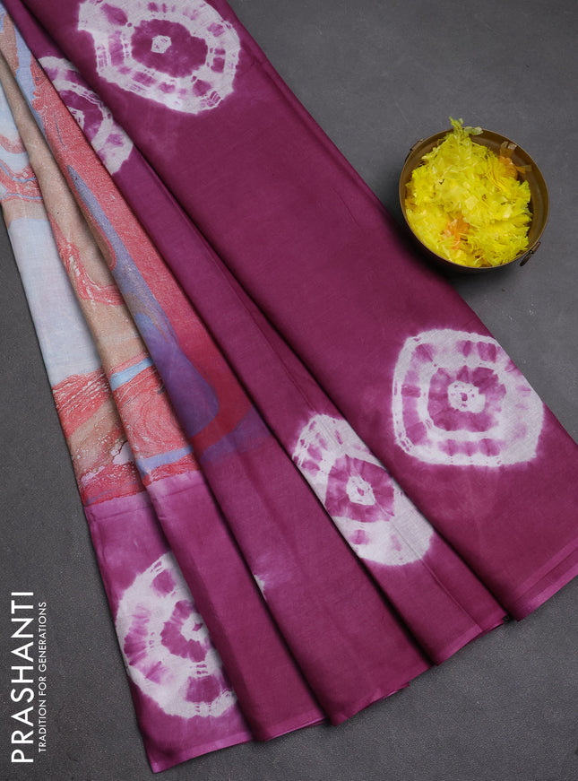 Batik cotton saree multi colour and purple with allover prints and batik printed border