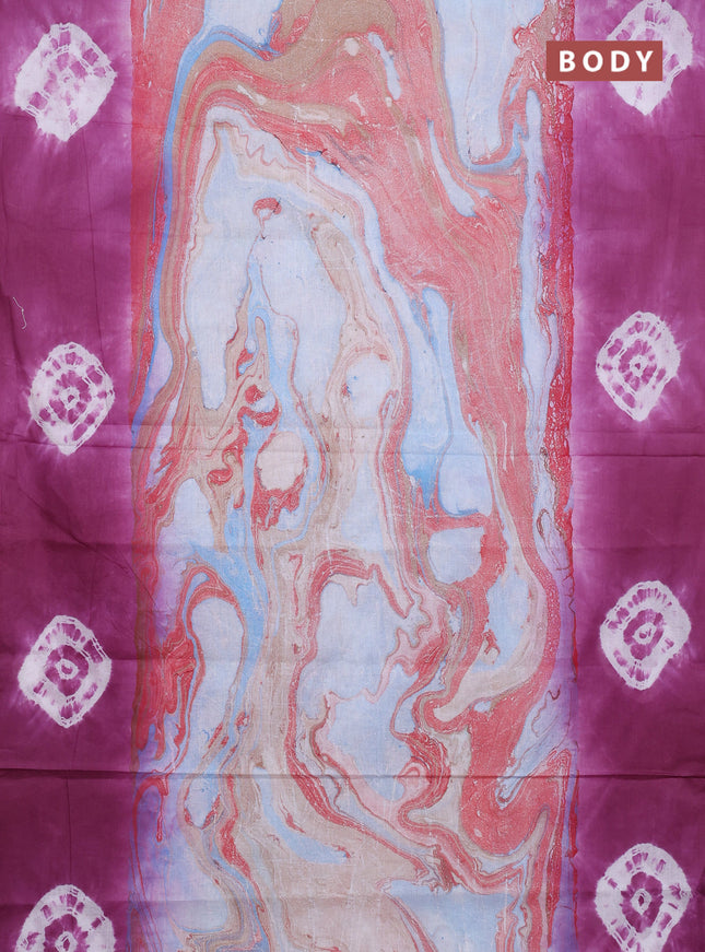 Batik cotton saree multi colour and purple with allover prints and batik printed border