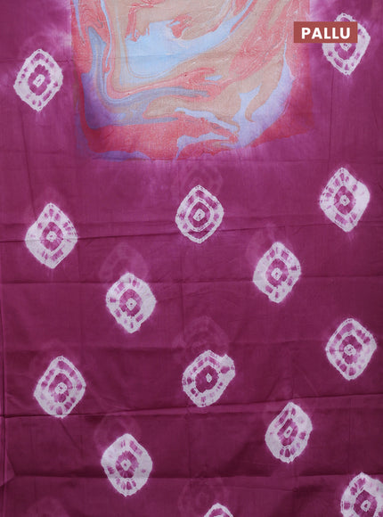 Batik cotton saree multi colour and purple with allover prints and batik printed border