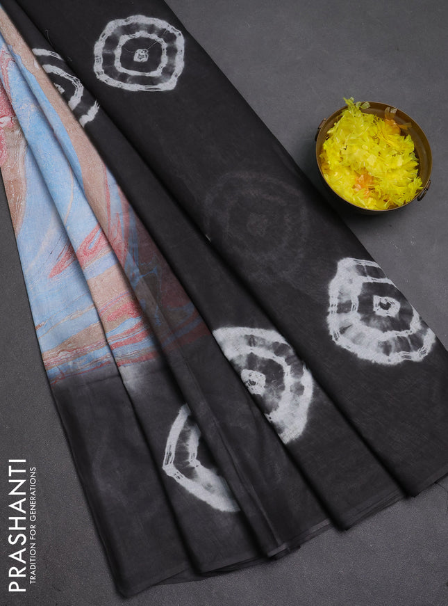 Batik cotton saree multi colour and elephant grey with allover prints and batik printed border