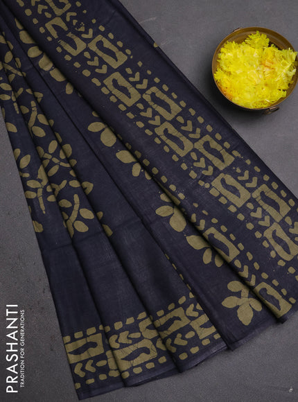 Batik cotton saree navy blue with allover prints and batik printed border
