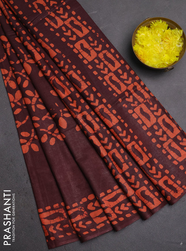 Batik cotton saree coffee brown with allover prints and batik printed border