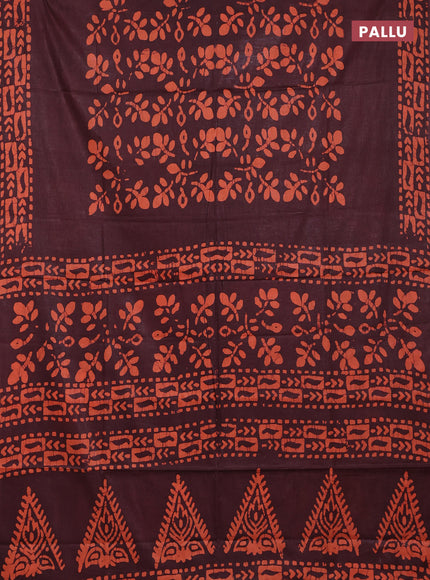 Batik cotton saree coffee brown with allover prints and batik printed border