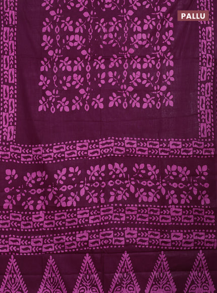 Batik cotton saree wine shade with allover prints and batik printed border