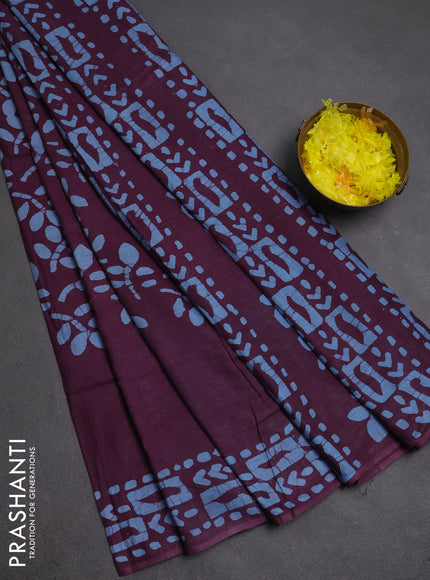 Batik cotton saree deep purple with allover prints and batik printed border
