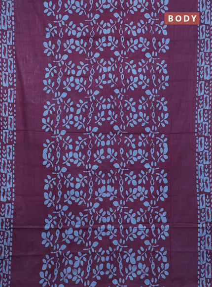 Batik cotton saree deep purple with allover prints and batik printed border