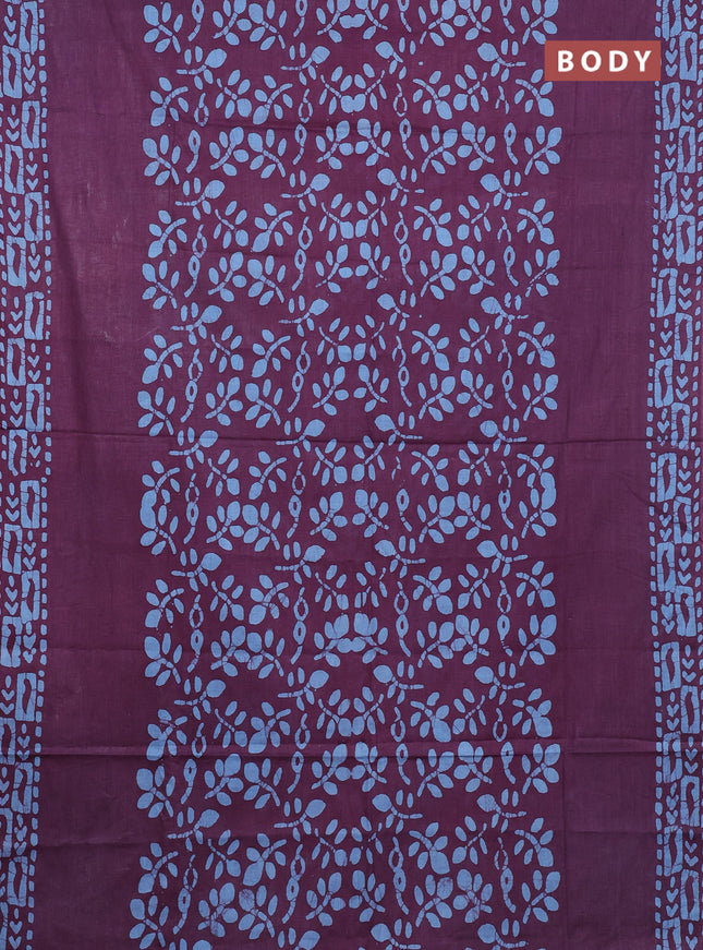 Batik cotton saree deep purple with allover prints and batik printed border