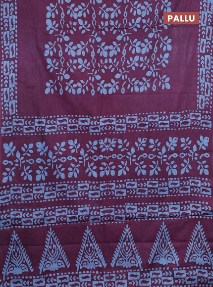 Batik cotton saree deep purple with allover prints and batik printed border