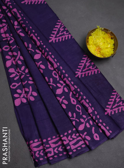 Batik cotton saree blue with allover prints and batik printed border