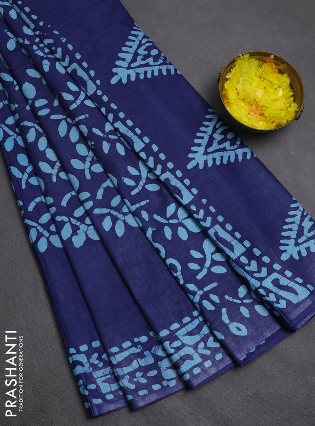 Batik cotton saree navy blue with allover prints and batik printed border