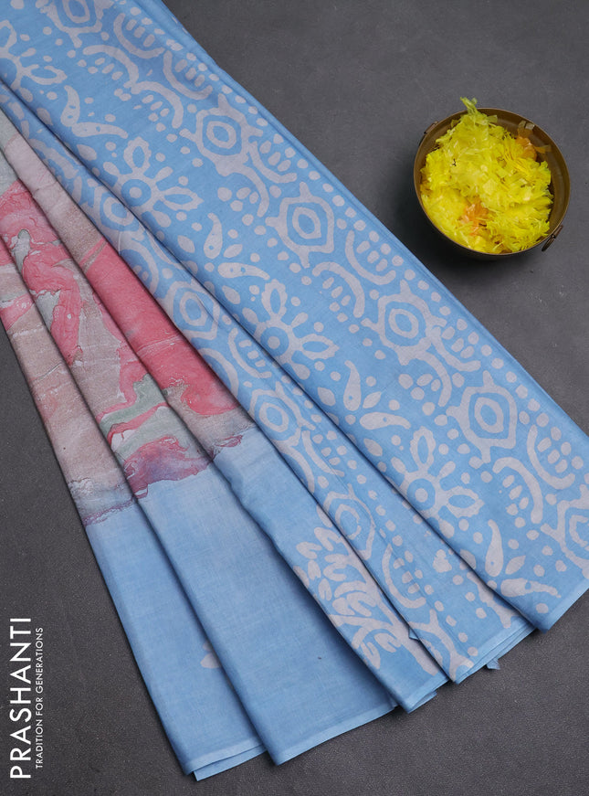 Batik cotton saree multi colour and teal blue with allover prints and batik printed border