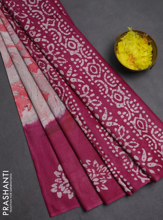 Batik cotton saree multi colour and wine shade with allover prints and batik printed border