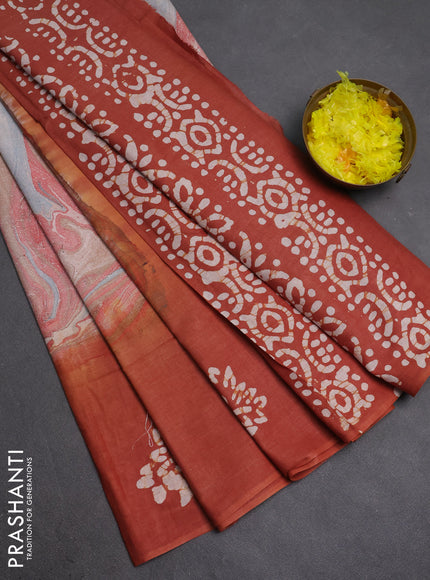 Batik cotton saree multi colour and rust shade with allover prints and batik printed border