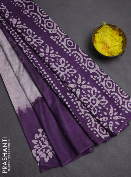Batik cotton saree multi colour and violet with allover prints and batik printed border