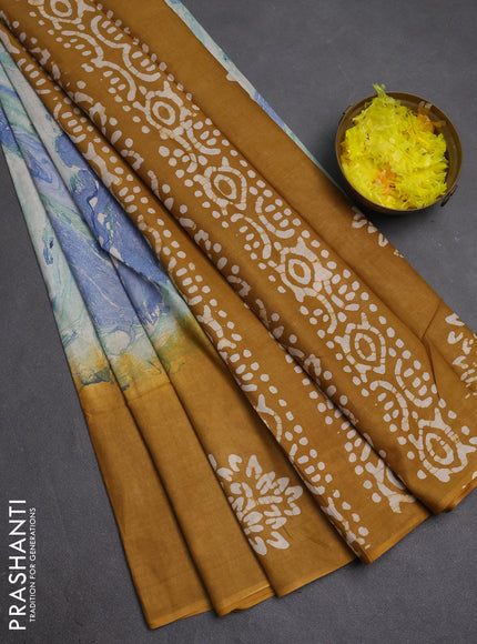 Batik cotton saree multi colour and mustared yellow with allover prints and batik printed border