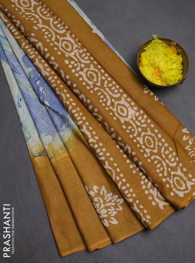 Batik cotton saree multi colour and mustared yellow with allover prints and batik printed border