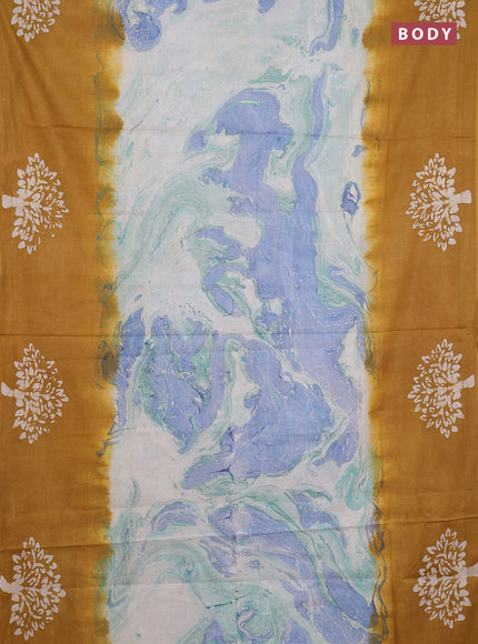 Batik cotton saree multi colour and mustared yellow with allover prints and batik printed border