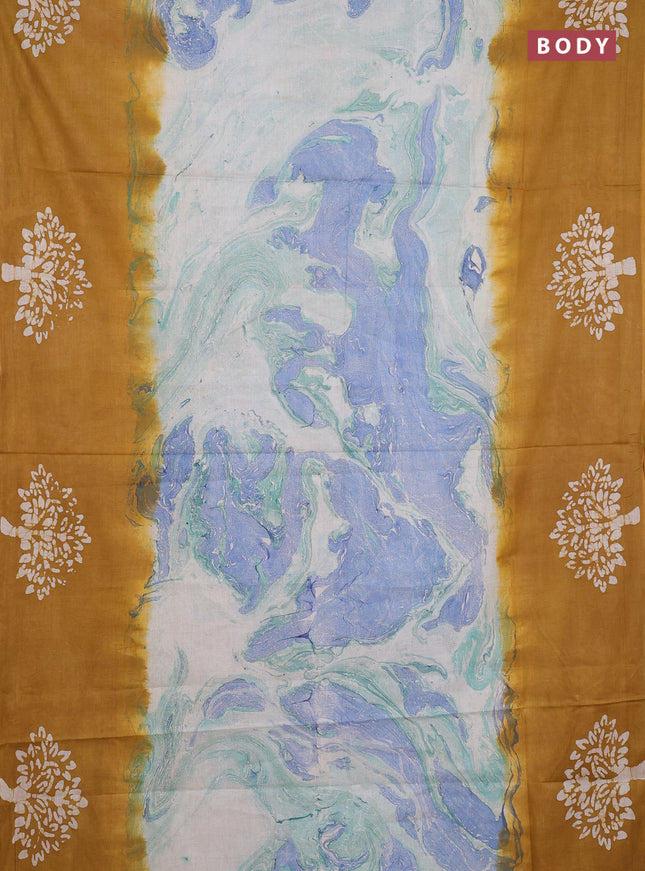 Batik cotton saree multi colour and mustared yellow with allover prints and batik printed border